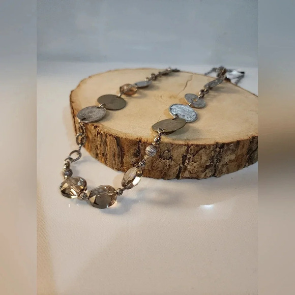 Chico's necklace with silver and gold-tone coin pendants & smoky quartz crystals - Picture 2 of 8